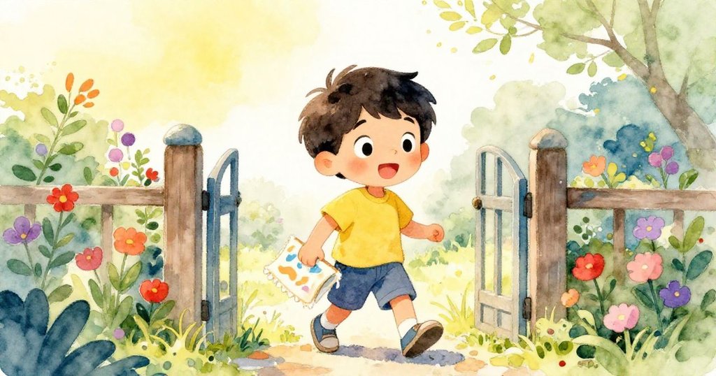 Leo正走出家門，手持毯子與畫冊，迎接明亮溫暖的早晨，表情期待，背景有花園和閘門。