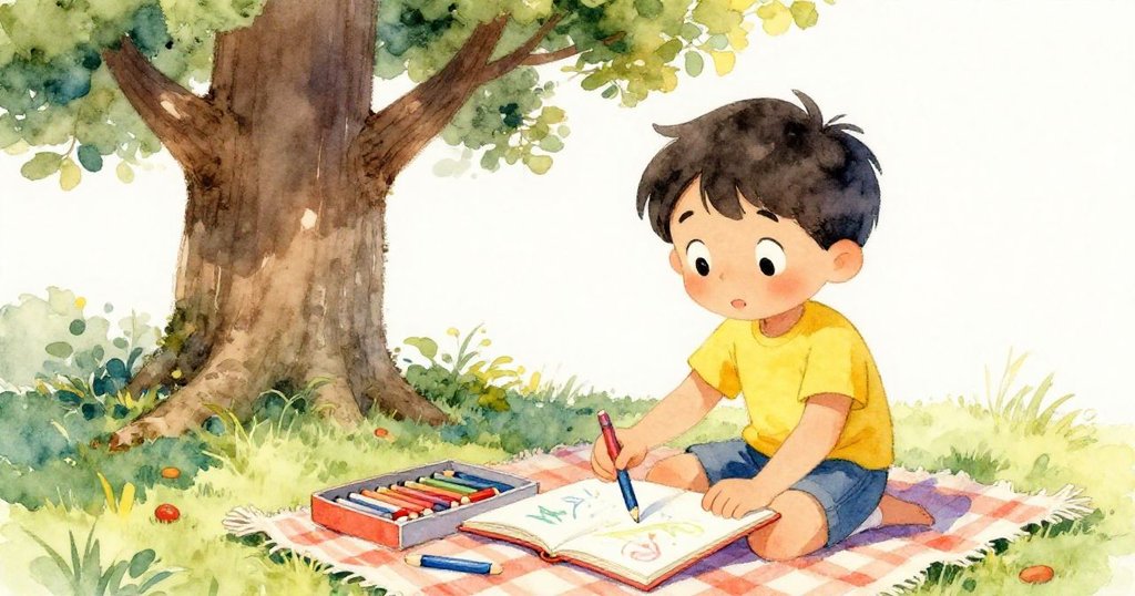 Leo聚精會神地打開色彩鮮豔的鉛筆盒，清晰呈現鉛筆細節，背景是高大橡樹和溫暖公園，表情專注。