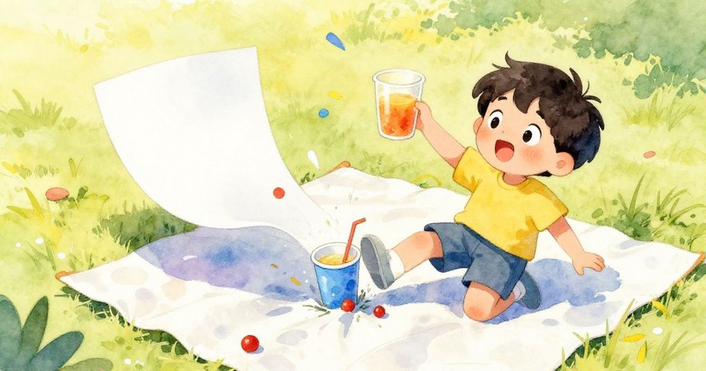 從高處俯瞰，頁面被風吹起後滑動碰觸果汁杯，Leo在草地上微笑，背景充滿活力，散發驚喜感。