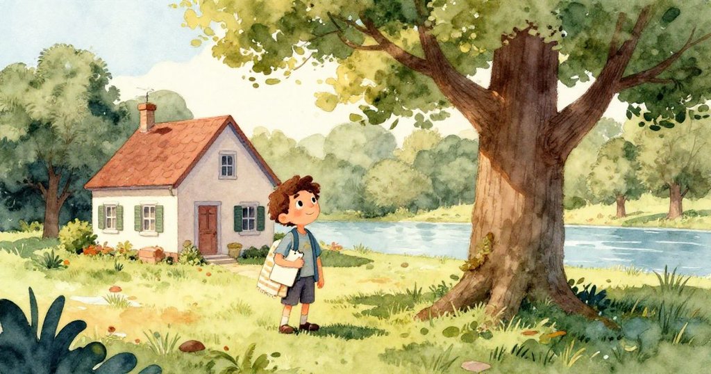 河邊池塘中，一隻鮮紅鉛筆漂浮在水下，水波蕩漾中驚嚇到鵝鴨，形成溫柔水底視角，氛圍寧靜。