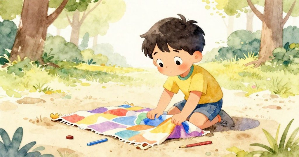 Leo面露沉思，正將毯子覆蓋在乾燥沙地上保護物品，動作專注，周圍環境溫馨，表情堅定。