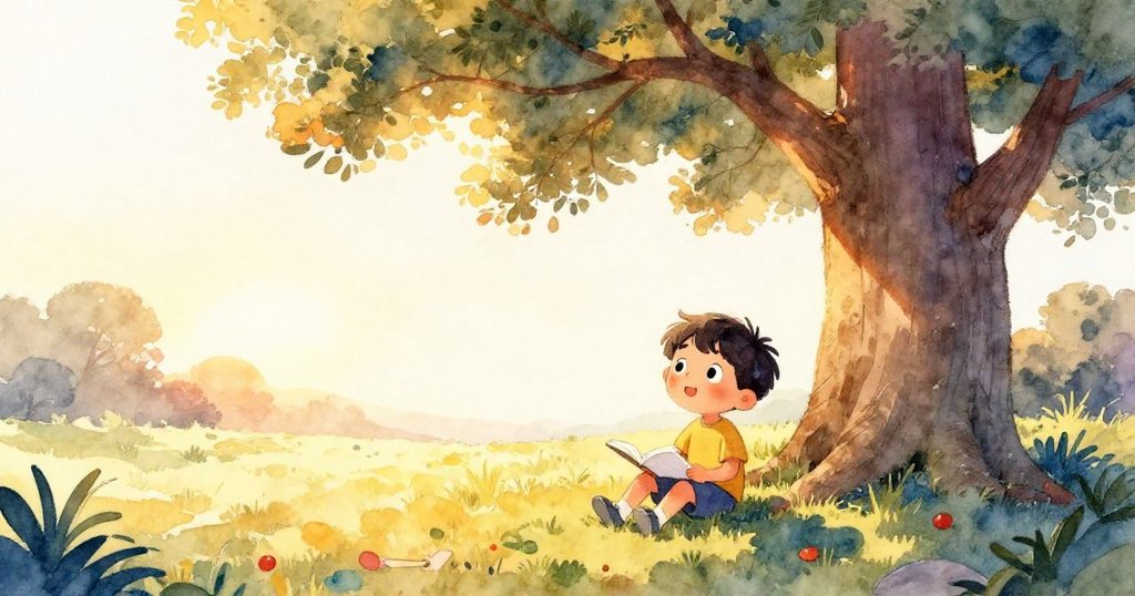 Leo滿懷輕鬆微笑，在夕陽餘暉中坐於橡樹下繪畫，背景夕陽灑下金色光芒，環境寧靜溫馨。