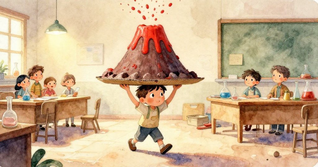 米洛專注展示火山模型的細節，紅色漿糊與橙色熔岩交織，小龍靜守火山口，充滿創意與驕傲。