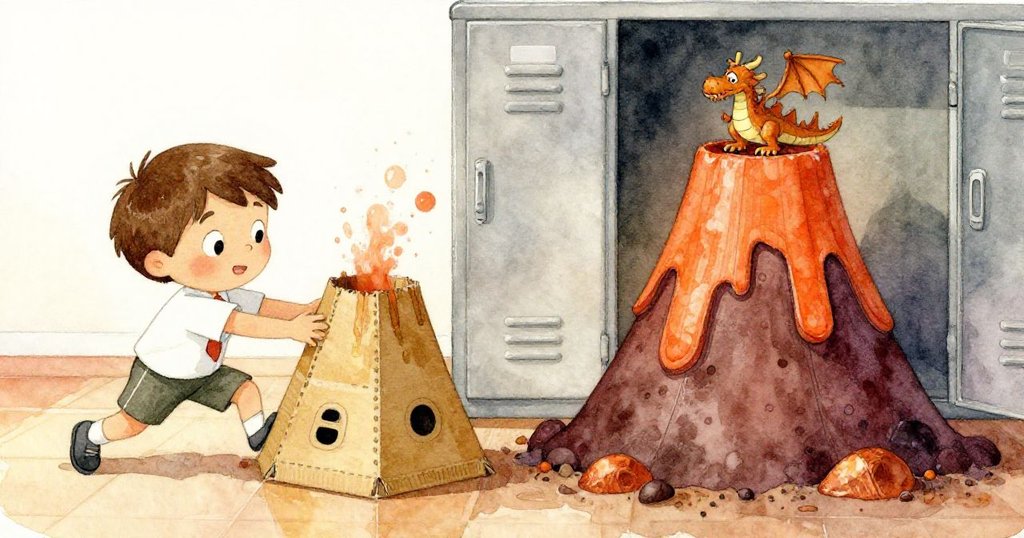 米洛在走廊中緊急調整紙板火山，一邊滑倒一邊採取措施，展示出緊張與決心的瞬間。