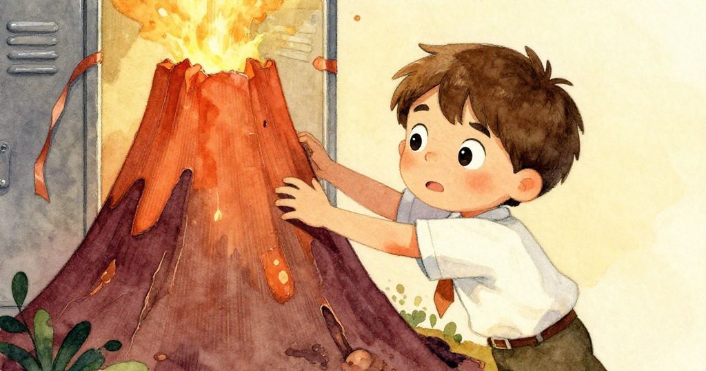 米洛面對即將滑倒的火山模型，緊急用絲帶固定儲物櫃，表情堅定流露奮鬥與勇氣。