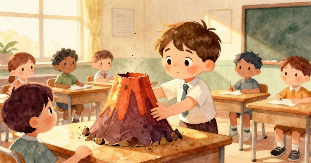 米洛在夕陽金光中將紙板火山輕放於教室桌上，展現喜悅與成就感，溫暖氛圍映襯出平靜結局。