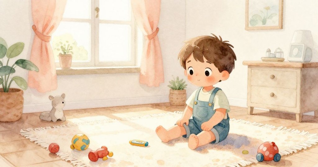 Liam在溫馨房間中安靜玩耍,彩色玩具散落地毯上,窗戶敞開送入柔和光線,他神態平和充滿期待