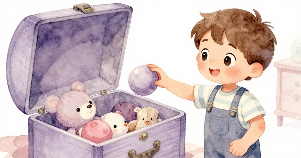 Liam好奇地從打開的玩具箱中拿起彩球,專注觀察細節,背景散佈柔軟毛絨玩具,充滿溫馨情調