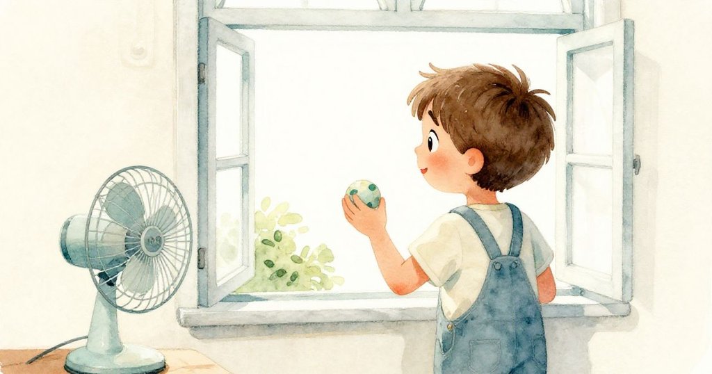 Liam從背後望向敞開窗戶,手中持彩球,旁邊擺著桌上風扇,畫面溫馨細膩充滿期待