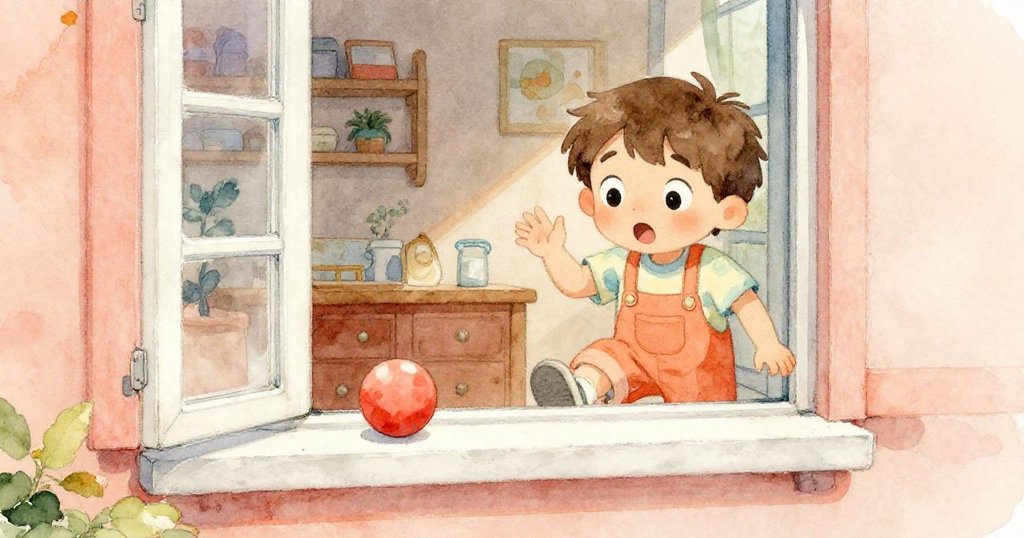 Liam驚訝地往後退,見彩球隨微風滾至窗邊,窗外隱約露出秋天氣息,室內氛圍溫暖