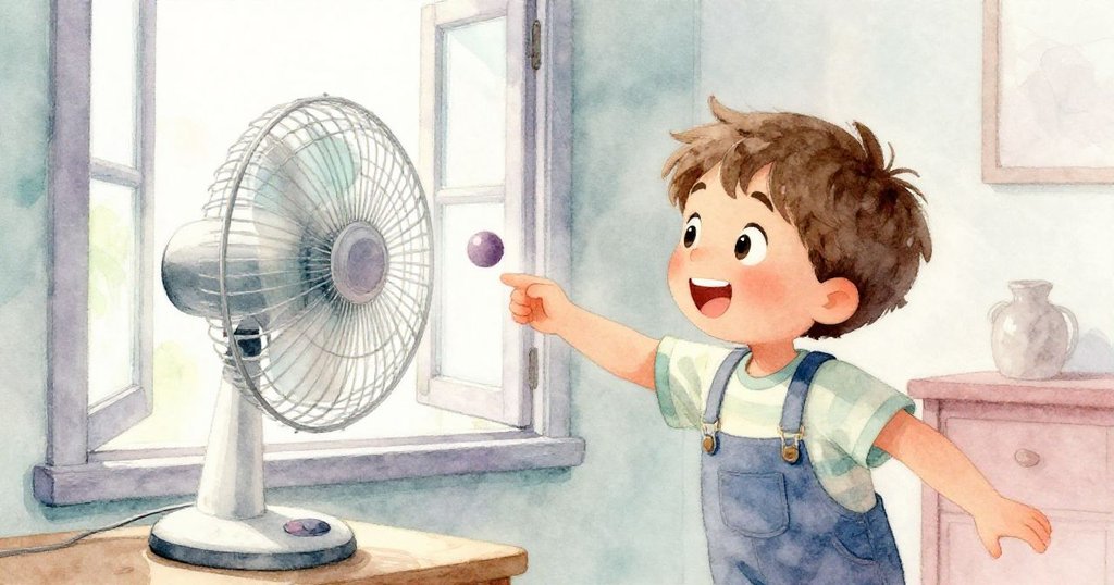 Liam興奮地調整桌上風扇,風扇運轉將彩球推回室內,新球一同加入遊戲,神情充滿活力