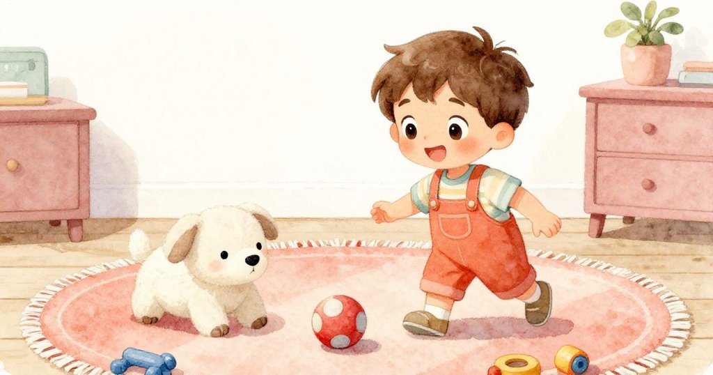 Liam滿心喜悅將彩球遞給心愛的毛絨玩具熊,臉上洋溢著笑容,房間內充滿玩具和暖光,結局溫馨