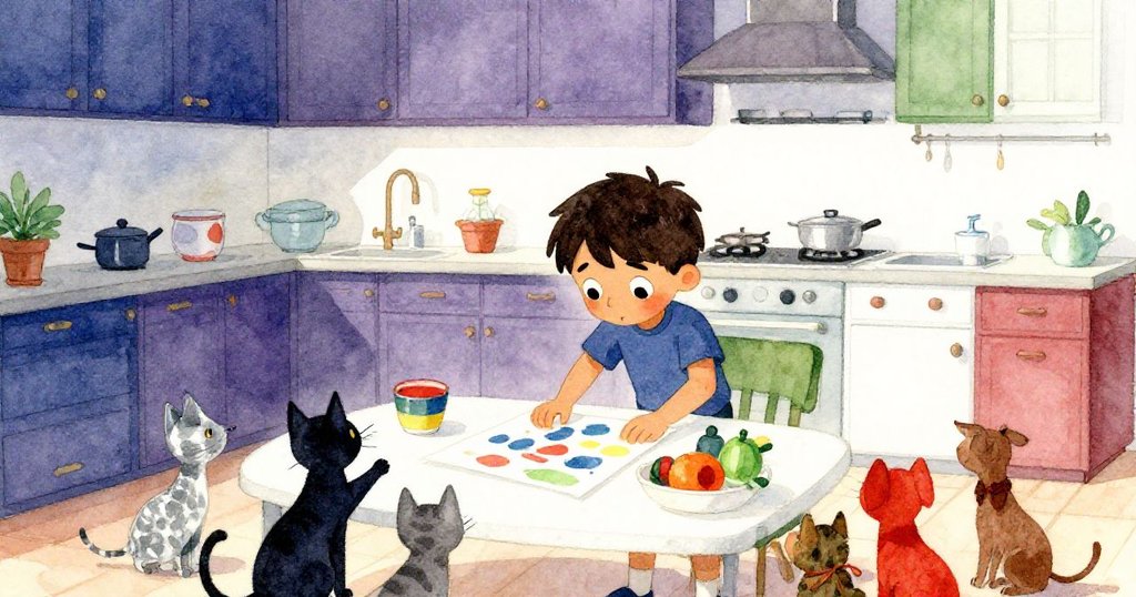 Milo在明亮廚房桌上鋪展彩紙,周圍貓咪和小動物好奇觀看,場景充滿忙碌氛圍與溫暖光線。