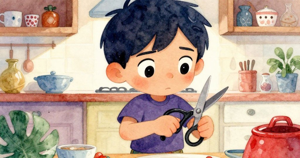 Milo專注凝視尋找失蹤剪刀,眼神充滿決心與淡淡擔憂,背景中有凌亂廚房細節。