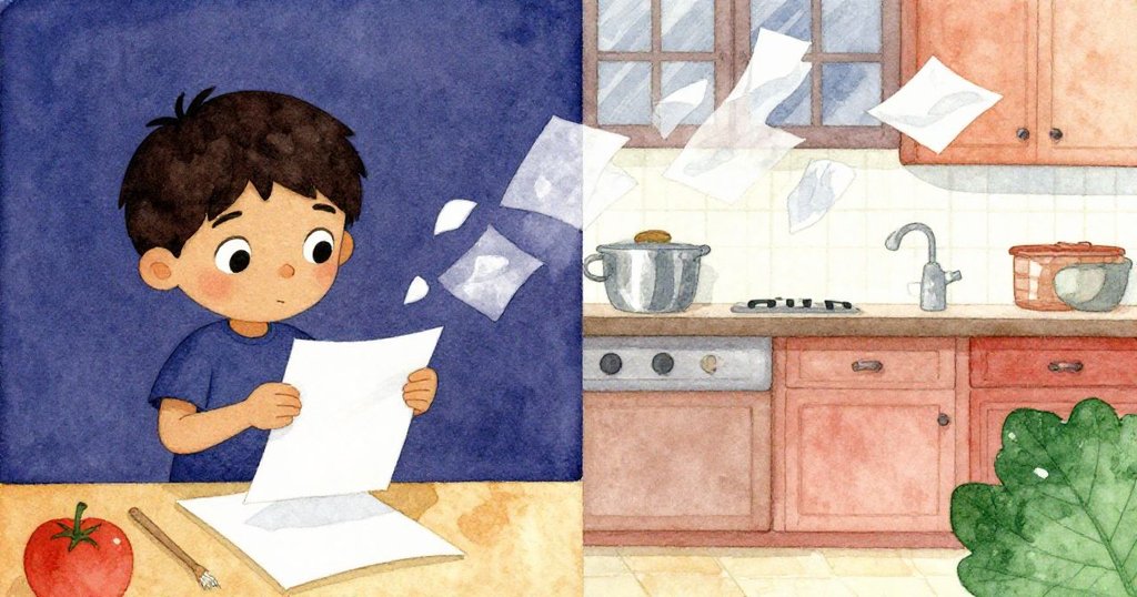 Milo一邊仔細折疊紙張,另一邊風中散落紙巾,畫面分割呈現秩序與混亂對比,充滿家居溫暖氛圍。