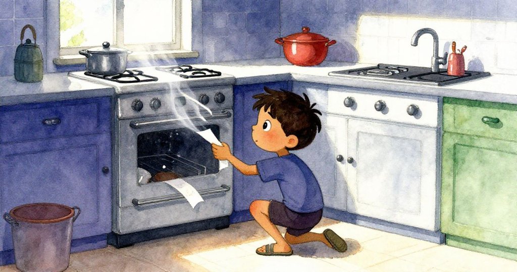 Milo跪在廚房爐子下搜尋隨風飄動的紙條,半開窗戶帶入風勢,場景充滿家居細節與戲劇光影。