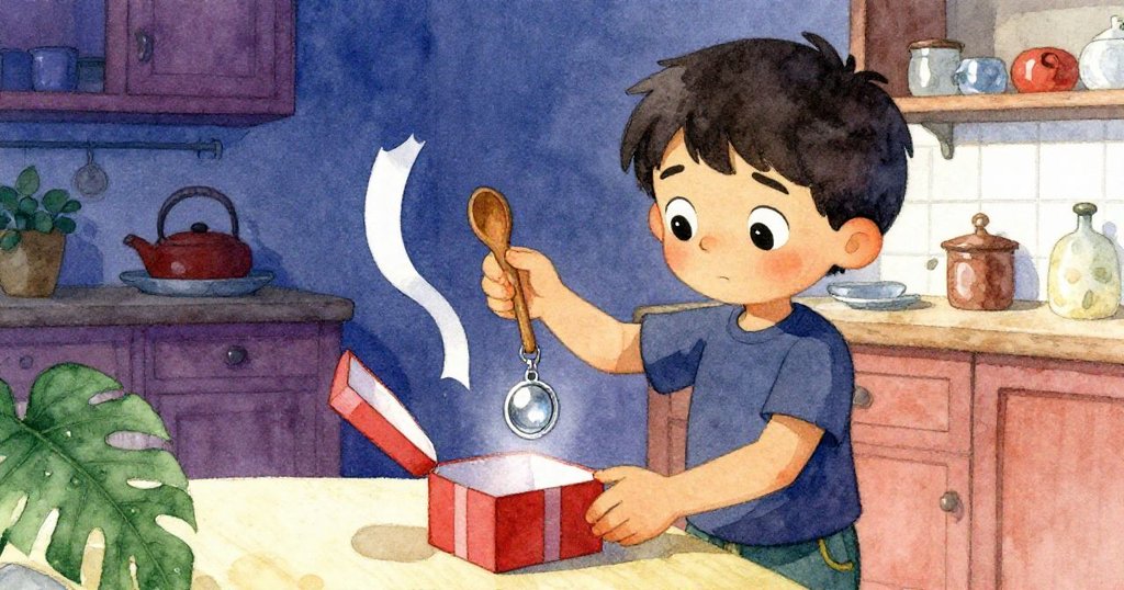 Milo用木湯匙小心取回紙條,驚喜發現銀墜入禮盒裡,表情充滿決定與喜悅,家居溫馨背景。