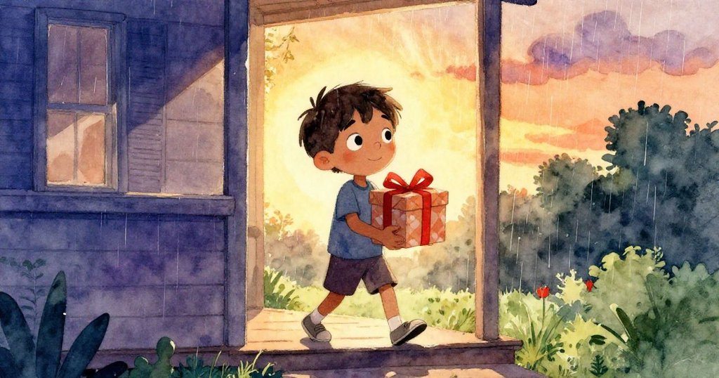 Milo手捧包裝精美禮盒走上門廊,夕陽金光與淅瀝雨聲交織,臉上透露著希望與溫暖。