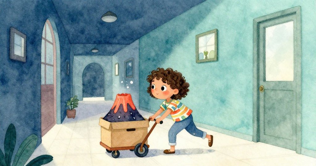 利娜在深海藍的走廊中推著火山小車，神情專注且期待，環境安靜展開故事序幕與挑戰準備。