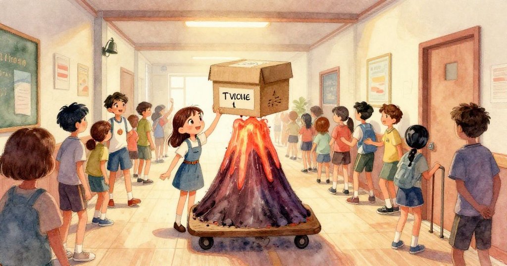 利娜專注地用手調整火山盒上的電線與小瓶醋液，細節豐滿呈現製作過程中的緊張與期待。