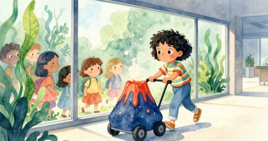 利娜透過半開的玻璃窗望向人潮湧動的室外，感受到冷風襲來，神情中透露出些許緊張與警覺。