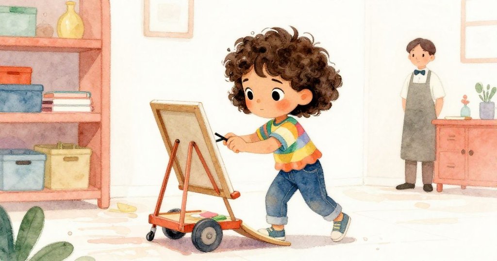 利娜在狹窄的儲物區中巧妙地利用海報板作斜坡，小心操作小車，同時清潔工靜靜旁觀，展現智慧與應變。