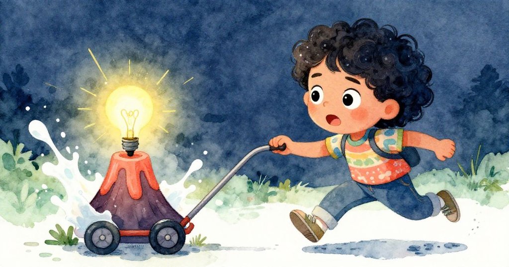 利娜的火山車因斜坡加速，醋液濺出觸發燈泡閃爍，她面露決心與激動，情節緊湊展現高潮瞬間。