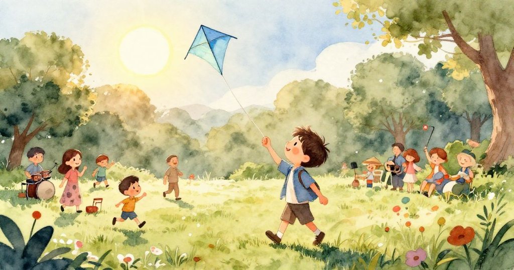 米洛專注握著藍色風箏,細膩呈現風箏質感與延伸的線條,象徵自由夢想與冒險精神。