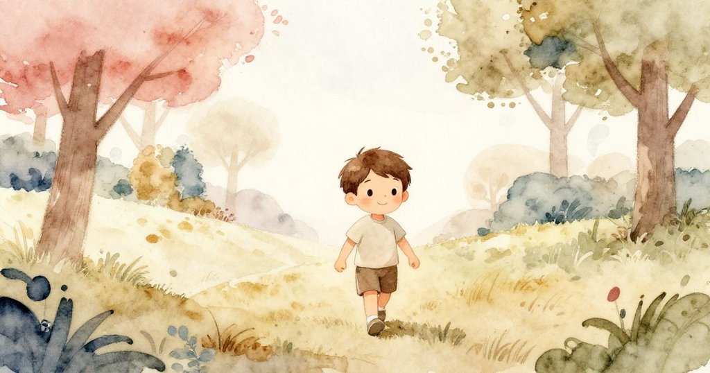 米洛緩步朝向樹林後靜謐小山走去,微風搖曳樹葉,散發出平靜與期待的溫暖氣息。