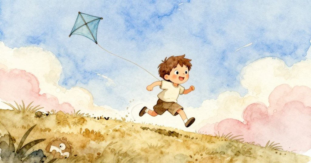 米洛在小山上奔跑追逐高飛風箏,風箏尾隨著明亮藍天中的柔雲快速舞動,展現活力與冒險精神。