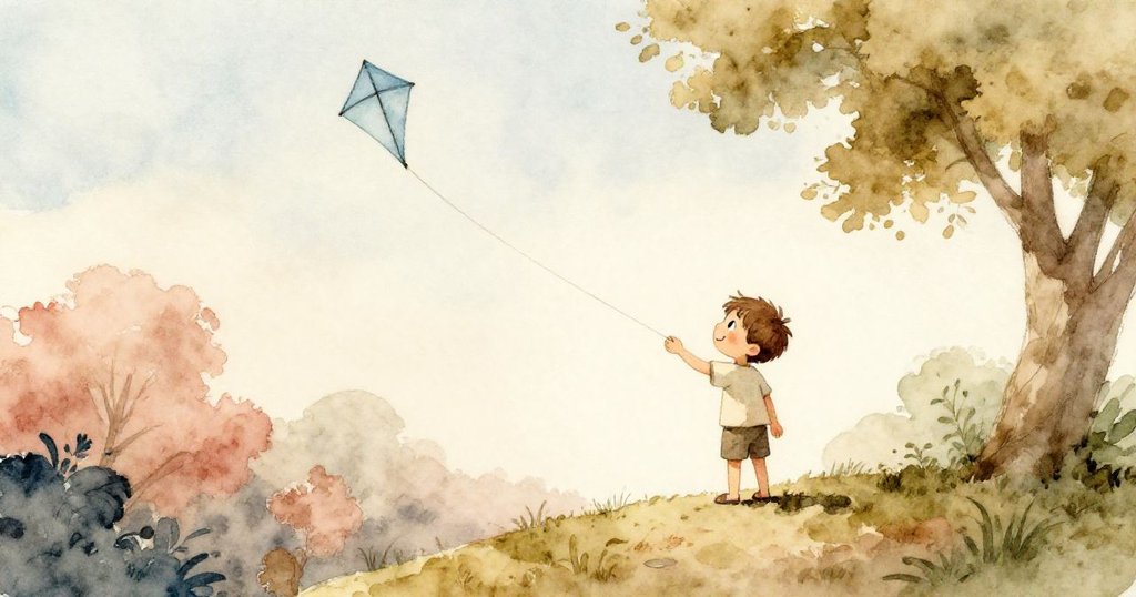 米洛站在山頂靜賞風箏靜臥樹梢,溫暖柔光環抱平和大地,結束一天冒險後的寧靜時刻。