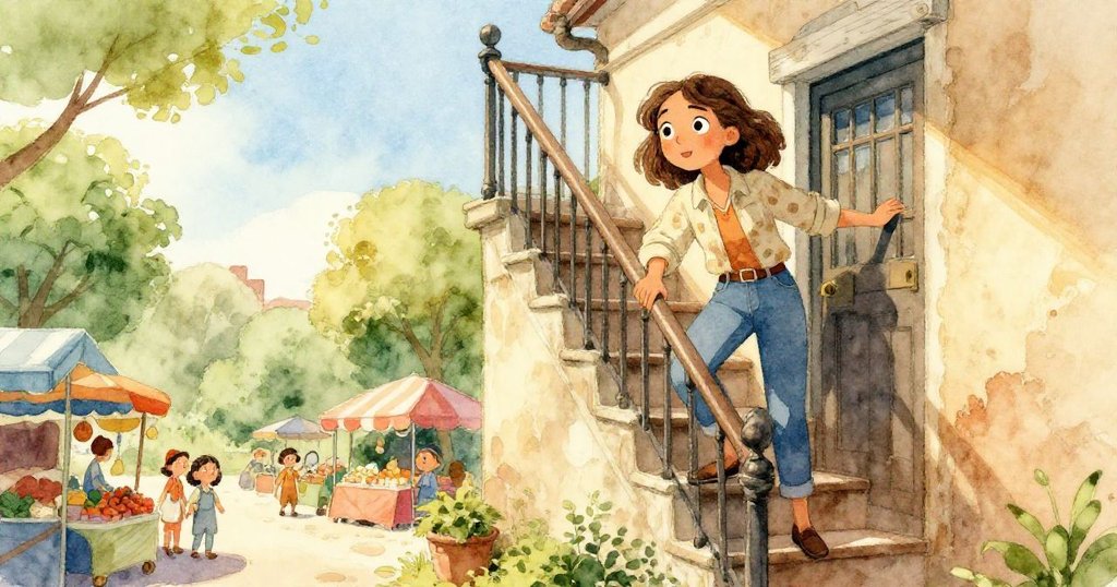 Mira攀登老郵局樓梯，背景露出熱鬧市集，表情充滿好奇與希望，展現故事開端。