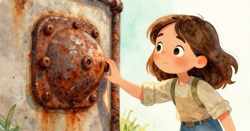 Mira的手輕觸生鏽鐵門，細緻展示金屬質感，充滿期待與小心的情緒，呈現細部的故事發展。