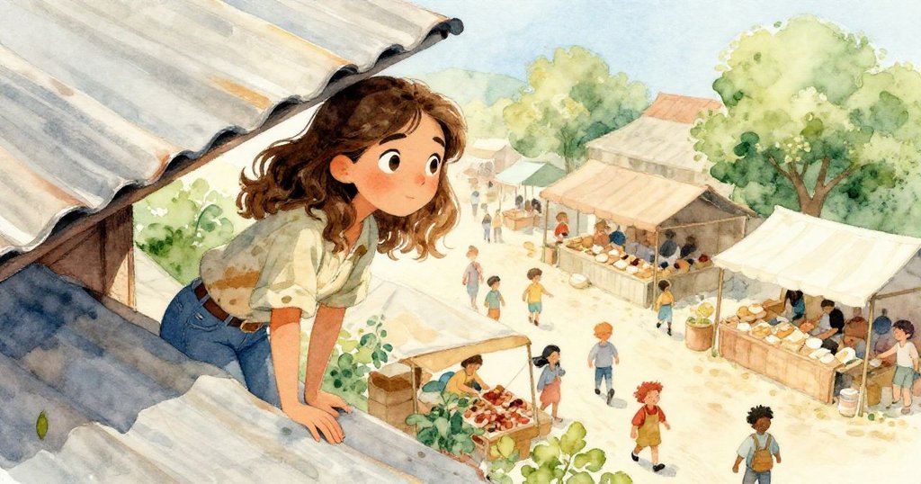 Mira透過屋頂縫隙觀察下方市集，細膩捕捉紙錐飄動，呈現城市生活與探索細節的心情。