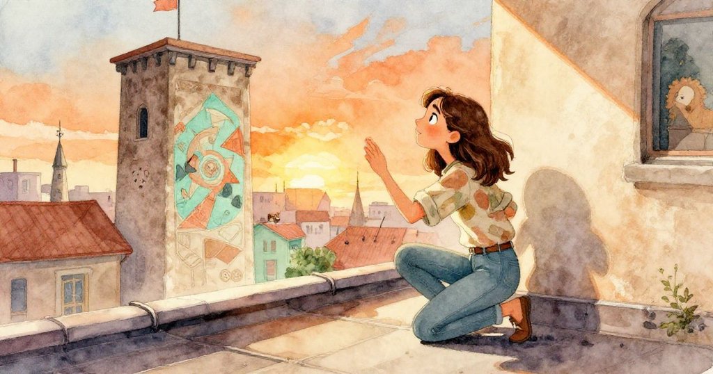 Mira蹲在屋頂上凝視牆上褪色壁畫，光影交錯中透露神秘與驚奇，場景幾何感奇幻。