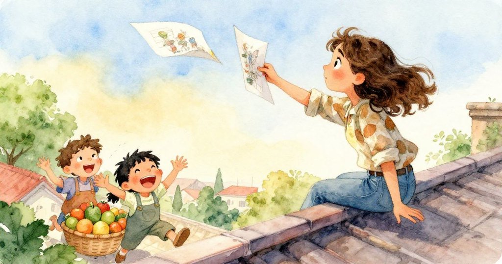 Mira驚訝地望著飛散的畫頁，市集中水果攤販因意外帽飾露出歡笑，動作明快幽默。