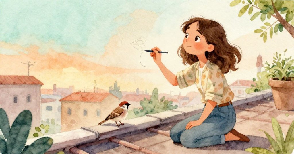 Mira重新拾起靈感，專注繪製新壁畫，旁邊麻雀棲息天線上，寧靜溫暖氣氛中展現故事結尾。