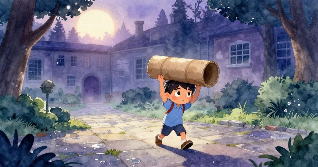 Milo在晨霧籠罩的學校庭院中提著紙板筒,臉上洋溢著期待,開始他充滿夢想的冒險旅程。