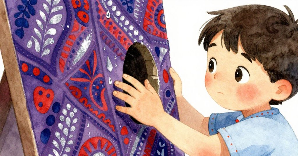 Milo細心觸摸紙板筒中隱藏的彩繪畫布,畫布上細緻圖案在晨露中閃耀,展現創作的奇幻細節。