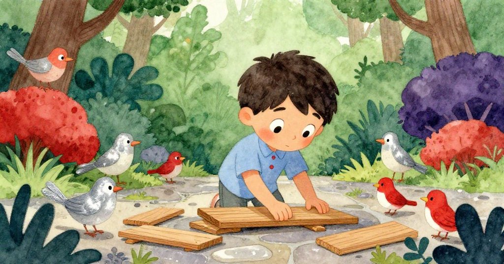 Milo忙著排列木板創造乾路,庭院濕滑石板反射光線,小鳥從低處好奇觀察,動作充滿活力。