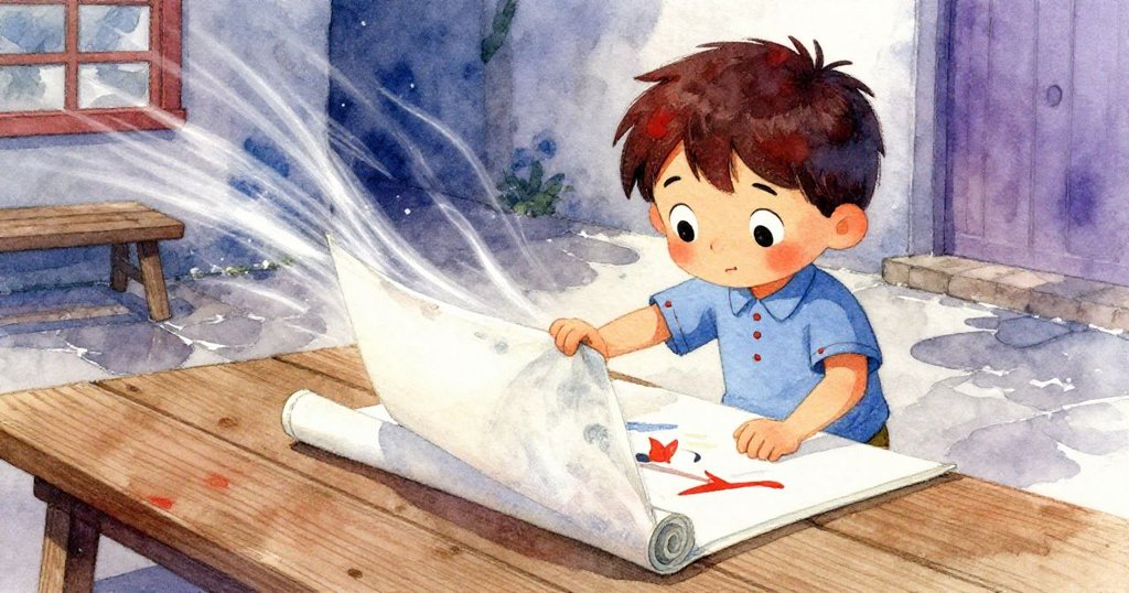 Milo小心展開畫布於木板跑道上,微風輕揚一角,庭院晨光中展現挑戰與希望的瞬間。