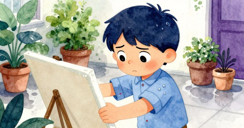 Milo焦急調整畫布,用花盆樹固定,濕樹葉輕觸袖子,臉上流露出矛盾與堅毅情緒,在庭院中奮力一搏。