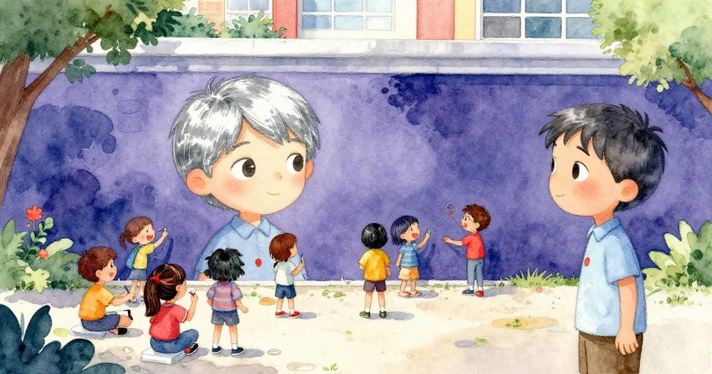 Milo滿意站在完成的壁畫旁,學生們圍繞畫布添加印記,庭院明亮充滿創意與溫馨共創的喜悅。