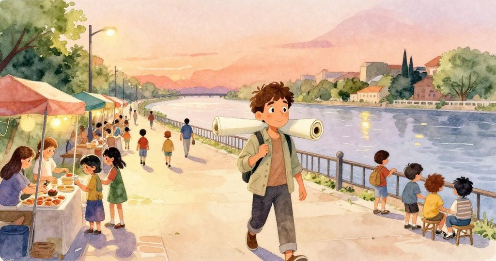 拉斐爾在河岸長廊上行走，攜帶畫布，背景有攤位、燈光交錯，呈現初始動作和溫暖夜色。