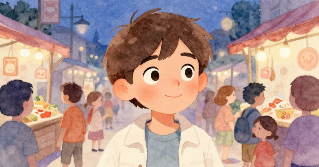 拉斐爾面帶堅定表情，眼神專注穿越熱鬧市集，背景有孩童與攤販，展現探索與決心。