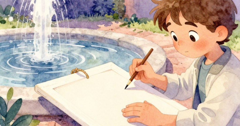 拉斐爾在噴泉旁展開畫布，手巧地綁在鐵欄上，濕潤石頭和水中倒影顯示他細緻創作。