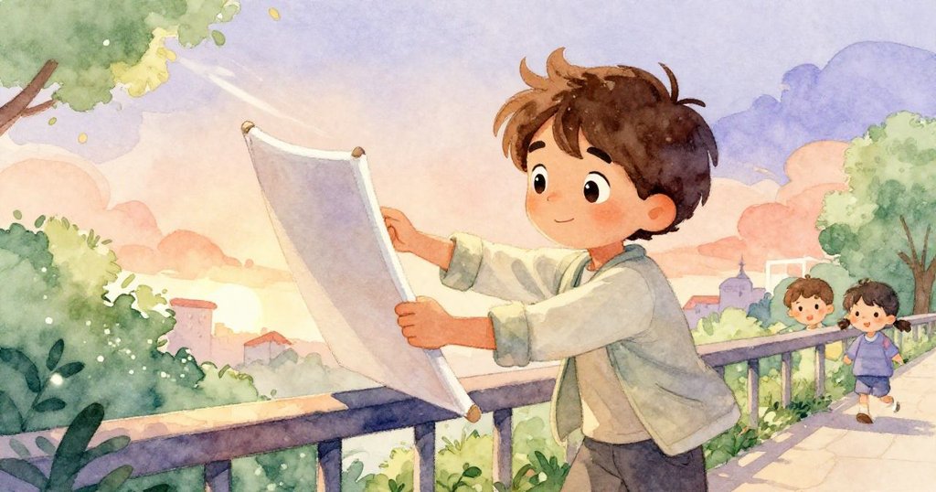 拉斐爾在微風中努力拉緊翻飛的畫布，展現堅定和動態動作，背景有濕石與隨風散落的票券。