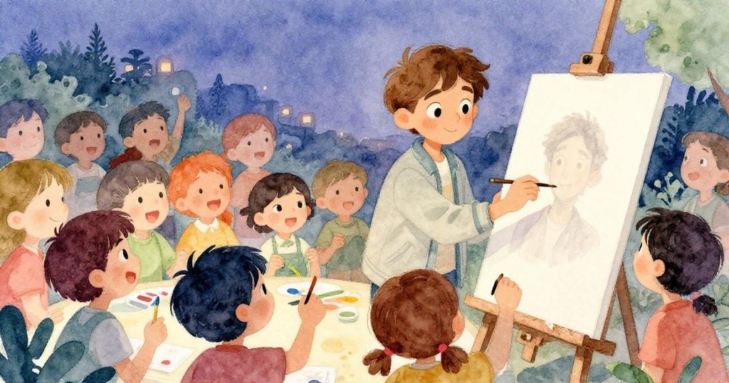 孩子們用刷子沾色在地上作畫，眾人圍觀翻轉畫布露出舊肖像，拉斐爾滿懷驚喜和好奇。