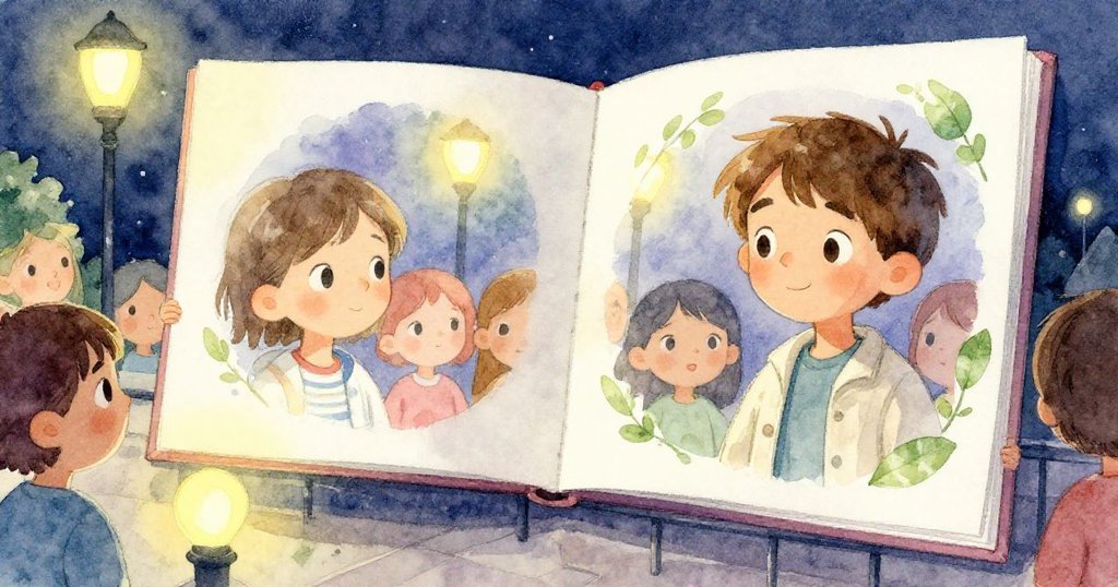 在夜燈下，翻層畫布上濕潤顏料微光閃爍，拉斐爾與圍觀者靜思舊與新之美，呈現和諧意境。