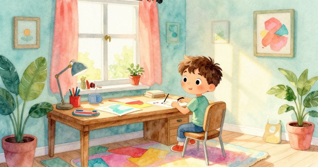 Liam在溫馨房間中整理彩色紙張，桌上擺放藝術用品，早晨陽光灑落，充滿期待與活力。